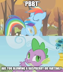 Size: 500x566 | Tagged: safe, edit, edited screencap, screencap, rainbow dash, spike, dragon, pegasus, pony, fall weather friends, g4, season 1, the ticket master, butt, caption, image macro, plot, rainbutt dash, text