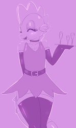 Size: 1009x1692 | Tagged: safe, artist:askadospike, spike, dragon, g4, belt, champagne glass, clothes, crossdressing, cute, dress, evening gloves, eyes closed, femboy spike, gloves, long gloves, male, monochrome, older, older spike, purple background, simple background, smiling, solo, spikabetes, stockings, stupid sexy spike, teenage spike, teenaged dragon, teenager, thigh highs, tray