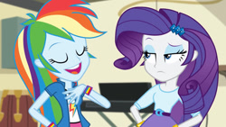 Size: 1280x720 | Tagged: safe, screencap, rainbow dash, rarity, equestria girls, g4, my little pony equestria girls: rainbow rocks, bracelet, eyebrows, eyes closed, eyeshadow, jewelry, makeup, open mouth, rainbow bracelet, raised eyebrow, teeth, wristband