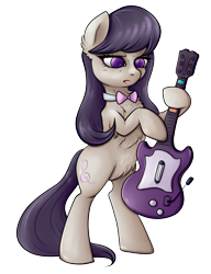 Size: 1843x2394 | Tagged: safe, artist:coco-drillo, octavia melody, earth pony, pony, g4, belly, belly fluff, bipedal, bowtie, chest fluff, confused, ear fluff, female, fluffy, guitar, guitar hero controller, mare, musical instrument, octavia is not amused, rock band (game), simple background, solo, standing, transparent background, unamused
