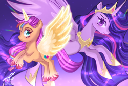 Size: 1748x1181 | Tagged: safe, artist:namieart, sunny starscout, twilight sparkle, alicorn, pony, g4, g5, the last problem, crown, hoof shoes, jewelry, older, older twilight, older twilight sparkle (alicorn), princess twilight 2.0, race swap, regalia, sunny and her heroine, sunnycorn, twilight sparkle (alicorn)