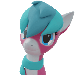 Size: 482x480 | Tagged: safe, artist:lithus, oc, oc only, oc:snowby, pony, 3d, animated, blender, blender cycles, blinking, blue eyes, blue mane, clothes, floppy ears, looking at you, pink body, scarf, simple background, smiling, smiling at you, solo, sway, transparent background, white body
