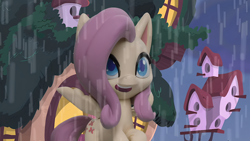 Size: 1920x1080 | Tagged: safe, edit, edited screencap, screencap, fluttershy, pegasus, pony, g4, g4.5, my little pony: stop motion short, rainy day puddle play, cute, fluttershy's cottage, rain, smiling, solo