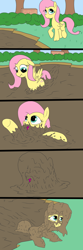 Size: 1000x3000 | Tagged: safe, artist:amateur-draw, fluttershy, g4, comic, covered in mud, female, mare, mud, mud bath, muddy, quicksand, sign, sinking, solo, wet and messy