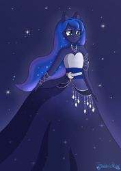 Size: 1280x1810 | Tagged: safe, artist:tenderrain-art, princess luna, human, g4, clothes, dress, eared humanization, gown, humanized, pony coloring, solo