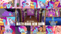Size: 2000x1125 | Tagged: safe, edit, edited screencap, editor:quoterific, screencap, izzy moonbow, misty brightdawn, pipp petals, sunny starscout, zipp storm, earth pony, pegasus, pony, unicorn, g5, misty-rious new room, my little pony: tell your tale, spoiler:g5, spoiler:my little pony: tell your tale, spoiler:tyts02e05, adorazipp, blanket, book, cute, female, hoof heart, mane stripe sunny, mare, mistybetes, rebirth misty, sunnybetes, underhoof, upside-down hoof heart