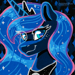 Size: 3540x3528 | Tagged: safe, artist:dandy, princess luna, alicorn, pony, g4, acrylic painting, bust, eye clipping through hair, female, horn, jewelry, looking at you, portrait, regalia, smiling, solo, sparkly mane, traditional art