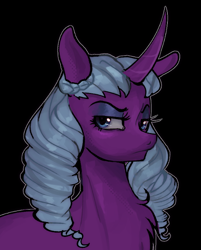 Size: 552x688 | Tagged: safe, artist:kreeeeeez, opaline arcana, alicorn, pony, g5, aside glance, black background, bust, chest fluff, curved horn, female, horn, lidded eyes, looking at you, mare, outline, ringlets, simple background, solo, sternocleidomastoid, three quarter view, white outline
