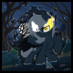 Size: 2000x1999 | Tagged: safe, artist:sherathoz, oc, oc only, oc:tempest streamrider, pony, commission, everfree forest, forest, male, moon, nature, night, solo, tree