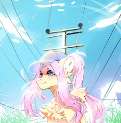 Size: 988x1000 | Tagged: safe, artist:just_gray-x, fluttershy, pegasus, pony, g4, alternate hairstyle, baseball cap, cap, cheek fluff, chest fluff, female, hat, leg fluff, old art, outdoors, ponytail, power line, smiling, solo