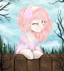 Size: 900x1000 | Tagged: safe, artist:alicesmitt31, oc, oc only, pony, clothes, fence, flower, flower in hair, one eye closed, smiling, solo