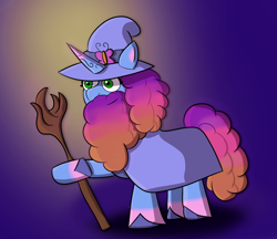 Size: 1390x1200 | Tagged: safe, artist:toonyloo, misty brightdawn, butterfly, unicorn, g5, beard, facial hair, gandalf, hat, rebirth misty, solo, staff, wizard hat