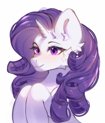 Size: 1200x1400 | Tagged: safe, artist:just_gray-x, rarity, pony, unicorn, g4, big ears, blushing, cheek fluff, ear fluff, eyeshadow, female, grin, hooves to the chest, horn, looking at you, makeup, mare, simple background, small horn, smiling, smiling at you, solo, white background, wrong eye color
