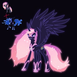 Size: 1600x1600 | Tagged: safe, artist:artsypaws, nightmare moon, oc, oc:artsypaws, alicorn, pony, unicorn, g4, armor, concave belly, curved horn, evil smile, female, glasses, grin, horn, jewelry, mane, mare, photo, regalia, slender, smashup, smiling, spread wings, teeth, thin, wings