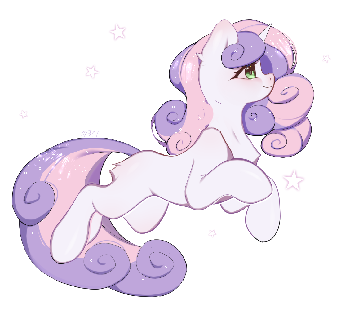 [blank flank,blushing,female,filly,pony,safe,simple background,solo,stars,sweetie belle,unicorn,white background,side view,smiling,artist:just_gray-x]