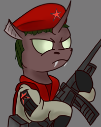 Size: 561x704 | Tagged: safe, artist:kirieshka, oc, oc only, changeling, changeling oc, clothes, gray background, green eyes, gun, hat, red star, simple background, solo, stars, uniform, uniform hat, war paint, weapon