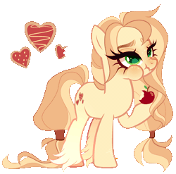 Size: 1822x1798 | Tagged: safe, artist:gihhbloonde, oc, oc only, unnamed oc, earth pony, pony, adoptable, animated, apple, chewing, eating, female, food, freckles, gradient legs, green eyes, herbivore, hoof hold, lightly watermarked, magical lesbian spawn, mare, nose wrinkle, offspring, parent:applejack, parent:sweet biscuit, parents:biscuitjack, ponytail, raised hoof, scrunchy face, simple background, solo, standing, transparent background, unshorn fetlocks, watermark