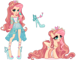 Size: 4119x3245 | Tagged: safe, artist:gihhbloonde, bird, human, pegasus, pony, braid, clothes, crossover fusion, crown, cyan eyes, dress, ear piercing, earring, ever after high, female, folded wings, fusion, fusion:ashlynn ella, fusion:fluttershy, hair bun, high heels, jewelry, lightly watermarked, long hair, long mane, long tail, mare, necklace, open mouth, open smile, piercing, regalia, shoes, simple background, smiling, standing, tail, transparent background, watermark, wings