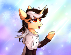 Size: 1250x973 | Tagged: safe, artist:行豹cheetahspeed, oc, oc only, oc:autumn trace, pony, unicorn, black and white mane, clothes, eye clipping through hair, eyebrows, eyebrows visible through hair, female, hoodie, lidded eyes, light, mare, open mouth, orange eyes, raised hoof, smiling, snow, wind, yellow skin