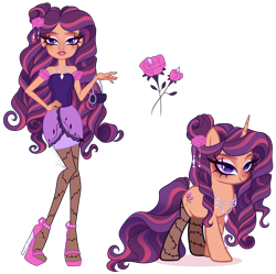 Size: 3216x3201 | Tagged: safe, artist:gihhbloonde, human, pony, unicorn, closed mouth, clothes, crossover fusion, dress, ever after high, eyeshadow, female, fusion, fusion:briar beauty, fusion:rarity, hair bun, hand on hip, high heels, jewelry, lidded eyes, lipstick, looking at you, makeup, mare, necklace, pose, purple eyes, purse, ringlets, shoes, simple background, smiling, standing, stockings, thigh highs, transparent background