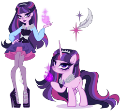 Size: 3378x3093 | Tagged: safe, artist:gihhbloonde, twilight sparkle, human, pony, unicorn, g4, closed mouth, clothes, crossover fusion, dress, ever after high, eyeshadow, female, fusion, fusion:raven queen, fusion:twilight sparkle, hand on hip, high heels, horn, lipstick, long hair, long horn, long mane, long tail, looking at you, magic, makeup, mare, purple eyes, purple lipstick, raised hoof, shoes, simple background, smiling, standing, tail, transparent background