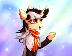 Size: 1250x973 | Tagged: safe, alternate version, artist:行豹cheetahspeed, oc, oc only, oc:autumn trace, pony, unicorn, black and white mane, clothes, eye clipping through hair, eyebrows, eyebrows visible through hair, female, hoodie, lidded eyes, light, mare, open mouth, orange eyes, raised hoof, red scarf, scarf, smiling, snow, wind, yellow skin