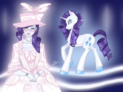 Size: 2732x2048 | Tagged: safe, artist:viell, rarity, human, pony, unicorn, g4, blue background, boots, clothes, glasses, hat, high heel boots, humanized, pony coloring, shirt, shoes, signature, skirt
