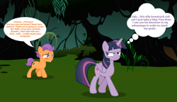 Size: 1492x860 | Tagged: safe, artist:lunaticdawn, mean twilight sparkle, tender taps, alicorn, earth pony, pony, g4, annoyed, blushing, colt, crushing, everfree forest, female, foal, frown, male, mare, precocious crush, smiling, speech bubble, text, thought bubble, trotting, walking