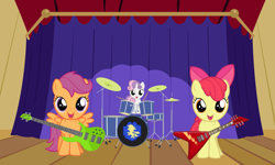 Size: 1024x616 | Tagged: safe, artist:rydercash14, apple bloom, scootaloo, sweetie belle, earth pony, pegasus, pony, unicorn, g4, cutie mark crusaders, drum kit, drums, electric guitar, female, filly, foal, guitar, love makes the world go round, musical instrument, stage, the powerpuff girls
