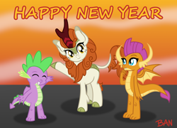 Size: 2500x1800 | Tagged: safe, artist:banquo0, autumn blaze, smolder, spike, dragon, kirin, g4, chinese new year, cloven hooves, dragoness, eyes closed, female, looking at you, male, mare, raised hoof, smiling, text, winged spike, wings, year of the dragon