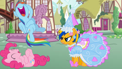 Size: 1147x645 | Tagged: safe, artist:mlpfan3991, pinkie pie, rainbow dash, oc, oc:flare spark, earth pony, pegasus, pony, g4, clothes, dress, flare spark is not amused, fountain, froufrou glittery lacy outfit, laughing, ponyville, princess costume, statue