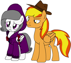 Size: 1102x971 | Tagged: safe, artist:rydersimmer, oc, oc only, oc:firey ratchet, oc:oliver spade, g4, clothes, duo, duo male and female, fedora, female, hat, male, mare, simple background, stallion, transparent background, trenchcoat