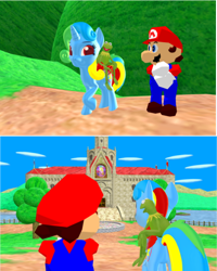 Size: 444x555 | Tagged: safe, artist:puzzlshield2, oc, oc:puzzle shield, alicorn, pony, 2 panel comic, 3d, comic, crossover, female, kermit the frog, mare, mario, mmd, nintendo, plushie, story included, super mario 64, super mario bros., the muppets