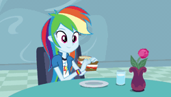 Size: 960x540 | Tagged: safe, artist:octosquish7260, rainbow dash, human, equestria girls, g4, animated, clothes, eating, egg (food), egg sandwich, female, flower, food, gif, glass, i can't believe it's not hasbro studios, jacket, rainbow dash's house, sandwich, shirt, solo, vase, vest, water