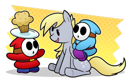 Size: 934x575 | Tagged: safe, artist:cookieboy011, derpy hooves, pegasus, pony, shy guy, g4, crossover, food, muffin, paper mario, simple background, super mario bros., transparent background