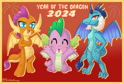 Size: 6200x4200 | Tagged: safe, artist:bubblegooey, princess ember, smolder, spike, dragon, g4, :d, ^^, absurd resolution, arms in the air, bipedal, blue eyes, blushing, chinese new year, claws, crossed arms, cute, dragon wings, dragoness, emberbetes, eyes closed, fangs, female, fireworks, gradient background, hand on hip, happy new year, holiday, horns, horoscope, jumping, jumping towards you, lidded eyes, looking at someone, looking at you, lunar new year, male, open mouth, open smile, red background, red eyes, scales, signature, simple background, smiling, smiling at you, smolderbetes, snaggletooth, spikabetes, spread wings, standing, tail, text, trio, winged spike, wings, year of the dragon