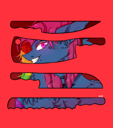 Size: 2700x3068 | Tagged: safe, oc, oc only, oc:cupcake splatter, pegasus, pony, fanfic:cupcakes, fanfic:rainbow factory, butcher knife, cleaver, commission, ear piercing, earring, evil grin, eyeshadow, fanfic art, female, freckles, grin, jewelry, knife, lip piercing, magical lesbian spawn, makeup, mare, multicolored hair, nose piercing, nose ring, offspring, parent:pinkie pie, parent:rainbow dash, parents:pinkiedash, piercing, rainbow hair, red background, simple background, smiling, solo, tattoo, ych result