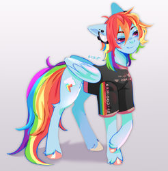 Size: 3765x3830 | Tagged: source needed, safe, artist:murfa, rainbow dash, pegasus, pony, g4, alternate hairstyle, clothed ponies, clothes, concave belly, dress, female, folded wings, gradient background, mare, messy hair, mirrored, redesign, slender, solo, standing, thin, unshorn fetlocks, wings