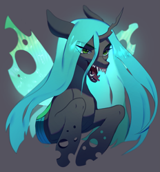 Size: 2169x2338 | Tagged: safe, artist:just_gray-x, queen chrysalis, changeling, changeling queen, g4, female, gray background, lidded eyes, mare, open mouth, sharp teeth, simple background, solo, teeth, tongue out