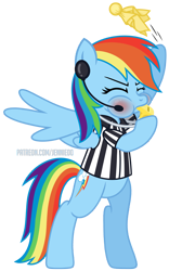 Size: 3906x6244 | Tagged: safe, alternate version, artist:jennieoo, part of a set, rainbow dash, pegasus, pony, g4, advertisement, bipedal, blowing whistle, blushing, female, headset mic, patreon, patreon preview, puffy cheeks, rainblow dash, rainbow dashs coaching whistle, referee, referee rainbow dash, show accurate, simple background, solo, that pony sure does love whistles, transparent background, whistle, whistle necklace, yellow flag