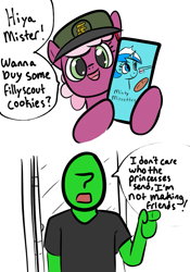 Size: 749x1072 | Tagged: safe, artist:zan logemlor, cheerilee, minuette, oc, oc:anon, earth pony, human, pony, unicorn, g4, 2 panel comic, comic, cookie, dan vs, dialogue, female, filly, filly cheerilee, filly guides, foal, food, hat, holding, horn, i don't care who the irs sends, male, mare, open mouth, pixiv, speech bubble, talking, toothbrush, younger