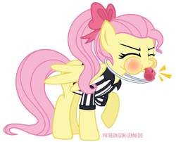 Size: 1100x889 | Tagged: safe, artist:jennieoo, fluttershy, pegasus, pony, g4, advertisement, blowershy, blowing whistle, blushing, bow, commission, emanata, eyes closed, patreon, patreon preview, ponytail, puffy cheeks, rainbow dashs coaching whistle, referee, referee fluttershy, ribbon, show accurate, simple background, solo, that pony sure does love whistles, transparent background, vector, whistle, whistle necklace, whistle thief