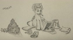 Size: 3423x1867 | Tagged: safe, artist:ohshitanelite, derpibooru exclusive, pegasus, pony, abacus, bag, bits, confused, determined, female, mare, money, money bag, mouth hold, notepad, pencil, pencil drawing, solo, thinking, traditional art
