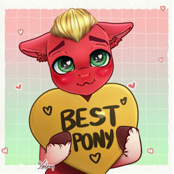 Size: 1247x1247 | Tagged: safe, artist:lailyren, sprout cloverleaf, earth pony, pony, g5, :3, best pony, blushing, commission, cute, floppy ears, gradient background, heart, heart pillow, male, pillow, signature, smiling, solo, sproutbetes, stallion, text, unshorn fetlocks, when he smiles, ych result