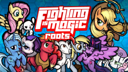 Size: 2048x1152 | Tagged: artist needed, safe, applejack, big macintosh, derpy hooves, fluttershy, rarity, sweetie belle, trixie, twilight sparkle, alicorn, robot, fighting is magic, fighting is magic - roots, g4, fan game, logo, scooter (character), sweetie bot, thumbnail, twilight sparkle (alicorn)