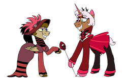 Size: 1800x1100 | Tagged: safe, artist:fuckomcfuck, oc, oc only, oc:donut daydream, oc:doodles, pegasus, pony, unicorn, alastor, animal costume, antlers, clothes, cosplay, costume, deer costume, demon costume, donut, dress, duo, duo male and female, fangs, female, food, hat, hazbin hotel, hellaverse, hello rosie!, looking at each other, looking at someone, male, mare, pants, raised hoof, rosie, rosie (hazbin hotel), shoes, simple background, smiling, smiling at each other, stallion, transparent background