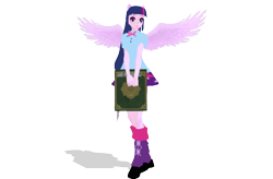 Size: 700x460 | Tagged: safe, artist:anayahmed2, twilight sparkle, equestria girls, g4, 3d, 3d model, alicorn wings, blouse, book, boots, bowtie, clothes, cutie mark on clothes, cutie mark on skirt, cutie mark tattoo, download at source, eyeshadow, female, high heel boots, lipstick, makeup, mmd, model, pony ears, shirt, shoes, skirt, smiling, solo, tail, tattoo, wings