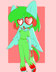 Size: 996x1290 | Tagged: safe, anonymous artist, oc, oc:precised note, pegasus, pony, anthro, anthro oc, bag, breasts, candy, clothes, food, glasses, hand on hip, heart shaped glasses, jewelry, lollipop, necklace, pants, pose, shirt, shoes, tail, two toned mane, two toned tail, watermark, wings