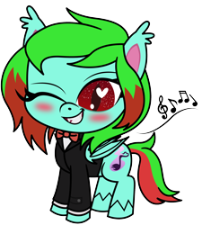 Size: 2000x2222 | Tagged: safe, artist:magnusmagnum, oc, oc:precised note, pony, undead, vampire, vampony, g4.5, my little pony: pony life, alternate cutie mark, blushing, bottomless, bowtie, clothes, ear fluff, eyelashes, fangs, grin, heart, heart eyes, music notes, one eye closed, partial nudity, pony life accurate, show accurate, simple background, slit pupils, smiling, solo, species swap, tail, transparent background, tuxedo, two toned mane, two toned tail, unshorn fetlocks, wingding eyes, wings