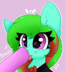 Size: 1864x2048 | Tagged: safe, artist:pegamutt, oc, oc only, oc:precised note, pony, :p, adorable face, blushing, boop, bowtie, clothes, cute, eyelashes, nose wrinkle, purple background, raised hoof, scrunchy face, simple background, solo focus, tongue out, tuxedo